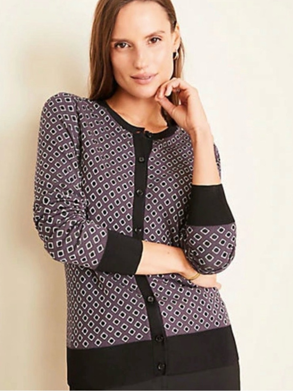 Ann Taylor Womens Black & Purple Diamond Print Cardigan